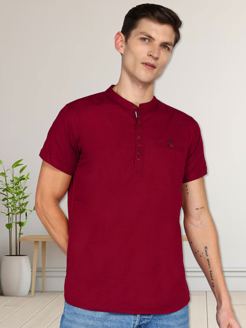 Kuons Avenue Linen Cotton Mandarin Collar Regular Sleeve Pathani Short Straight Kurta