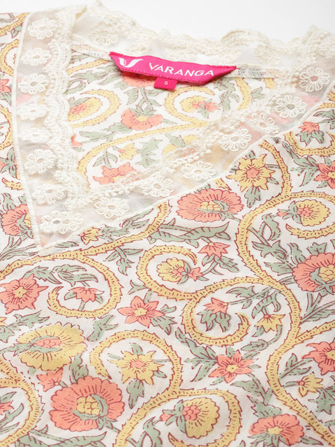 Varanga Off White Ethnic Floral Printed V Neck Flared Sleeves Lace Pure Cotton Kurta - Image 2