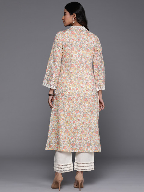 Varanga Off White Ethnic Floral Printed V Neck Flared Sleeves Lace Pure Cotton Kurta - Image 5