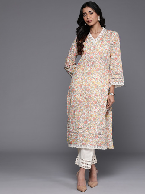 Varanga Off White Ethnic Floral Printed V Neck Flared Sleeves Lace Pure Cotton Kurta - Image 3