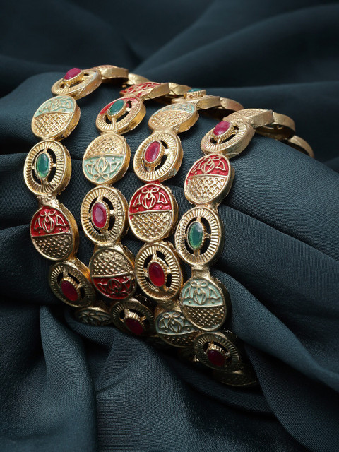 Sukkhi Set Of 4 Gold-Plated American Diamond-Studded & Beaded Bangle