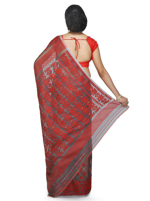 BENGAL HANDLOOM Ethnic Motifs Embroidered Silk Cotton Taant Saree - Image 3