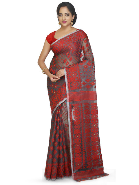 BENGAL HANDLOOM Ethnic Motifs Embroidered Silk Cotton Taant Saree