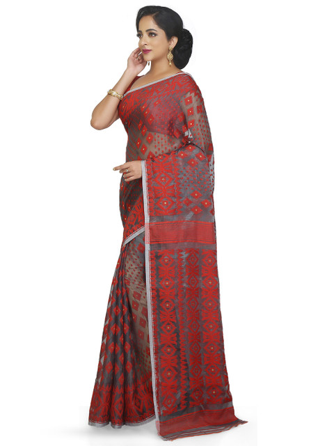 BENGAL HANDLOOM Ethnic Motifs Embroidered Silk Cotton Taant Saree - Image 2