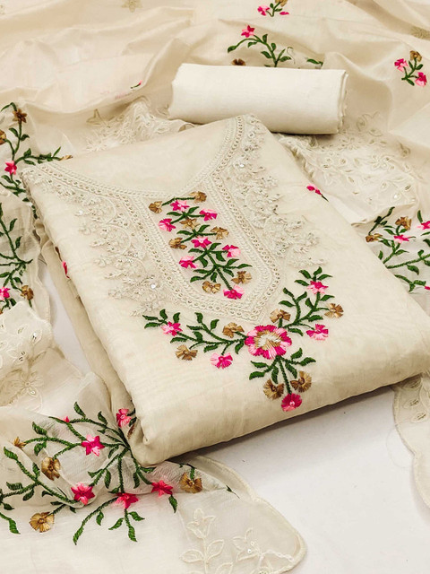 Panzora Embroidered Art Silk Unstitched Dress Material