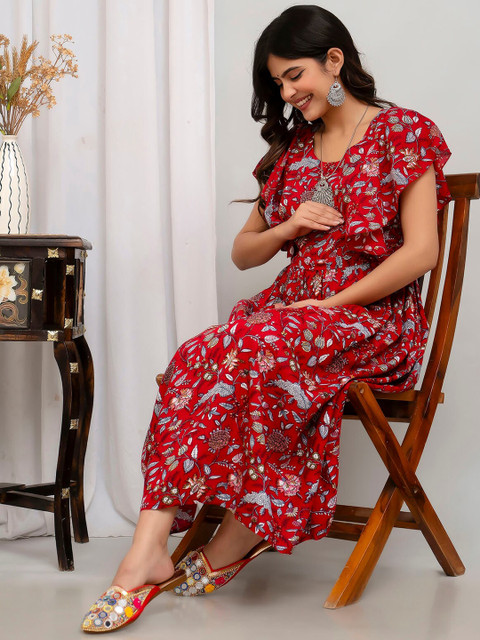Henal Floral Printed Flared Sleeves Maternity Anarkali Kurta - Image 5