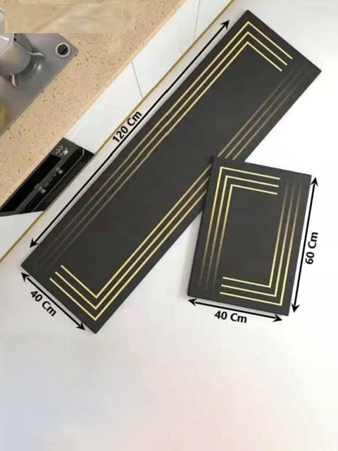 HomeCloud Black & Cream 2 Pieces Geometric Anti Skid Kitchen Mats - Image 7