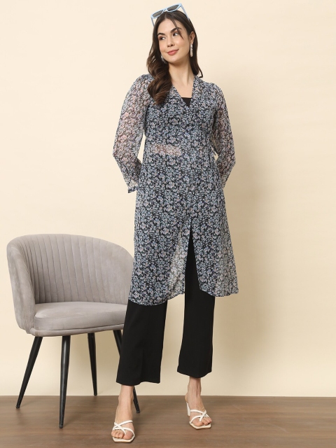 Trend Arrest Floral Printed Puff Sleeves Longline Tie-Up Shrug - Image 6