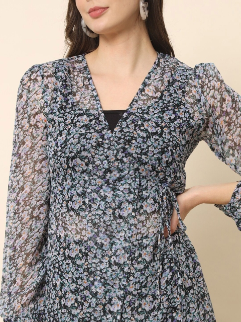 Trend Arrest Floral Printed Puff Sleeves Longline Tie-Up Shrug - Image 2
