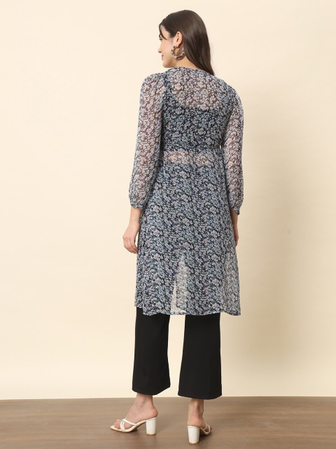 Trend Arrest Floral Printed Puff Sleeves Longline Tie-Up Shrug - Image 5