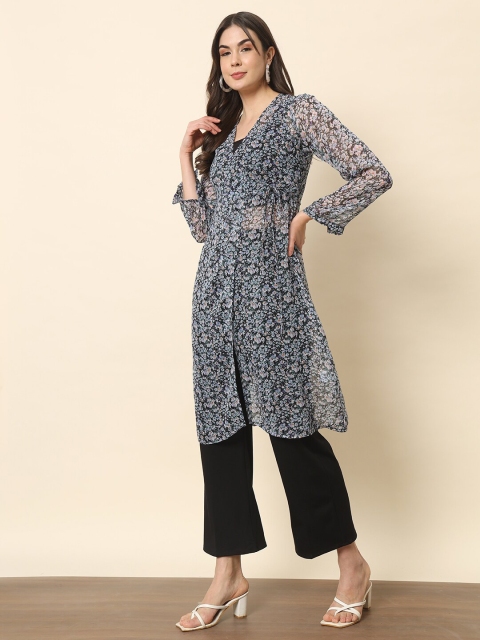 Trend Arrest Floral Printed Puff Sleeves Longline Tie-Up Shrug - Image 4