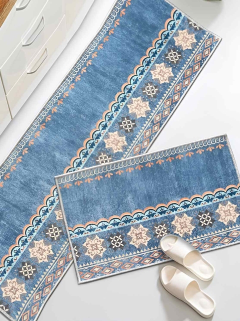 HomeCloud Blue & Cream 2 Pieces Floral Anti Skid Kitchen Mats