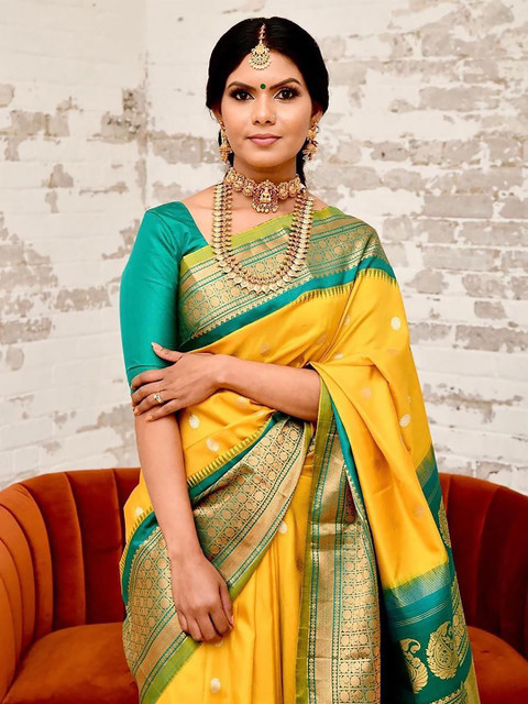 KALINI Ethnic Motifs Woven Design Zari Silk Cotton Banarasi Saree - Image 2