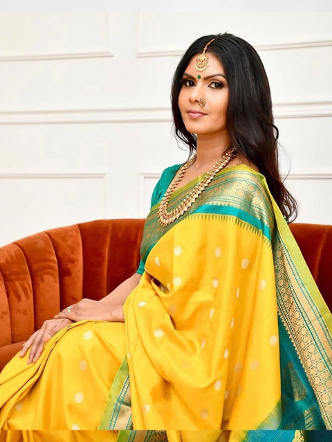 KALINI Ethnic Motifs Woven Design Zari Silk Cotton Banarasi Saree - Image 4