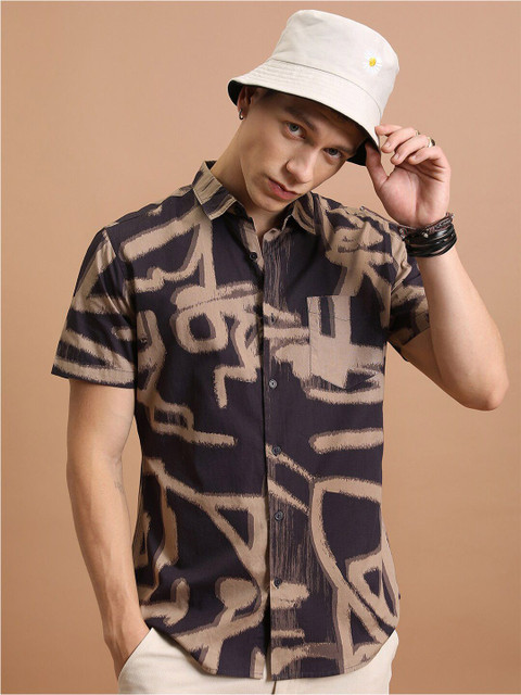 HIGHLANDER Purple and Khaki Abstract Printed Slim Fit Cotton Casual Shirt