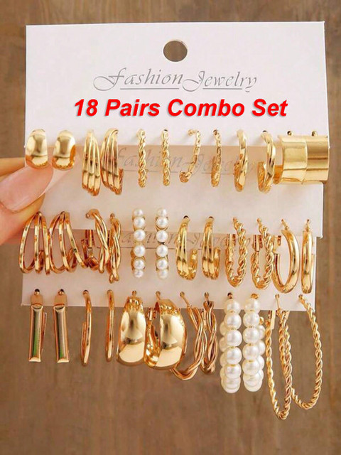Shining Diva Fashion Set Of 18 Gold-Plated Beaded Contemporary Hoop Earrings - Image 2
