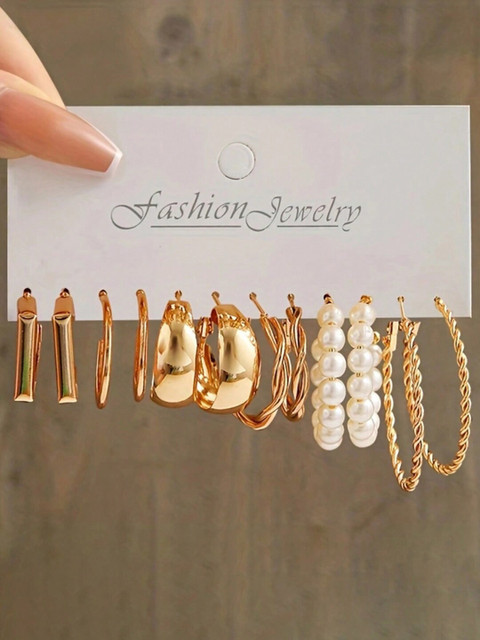 Shining Diva Fashion Set Of 18 Gold-Plated Beaded Contemporary Hoop Earrings - Image 4