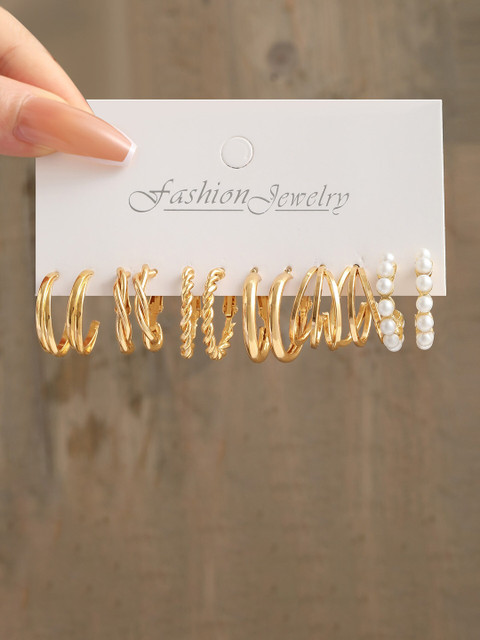 Shining Diva Fashion Set Of 18 Gold-Plated Beaded Contemporary Hoop Earrings - Image 5