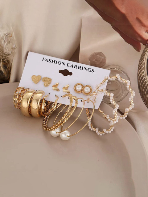Shining Diva Fashion Set Of 9 Gold-Plated Hoop Earrings