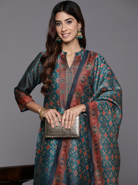 Varanga Floral Printed Mandarin Collar Chanderi Silk Straight Kurta with Trouser & Dupatta