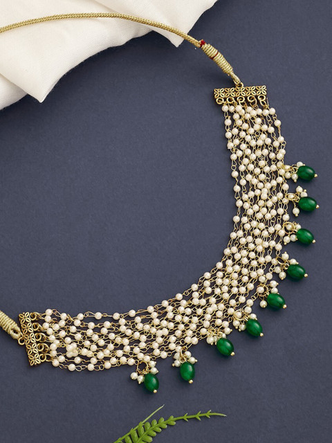 ATIBELLE Gold-Plated Stone-Studded & Beaded Brass Choker Necklace