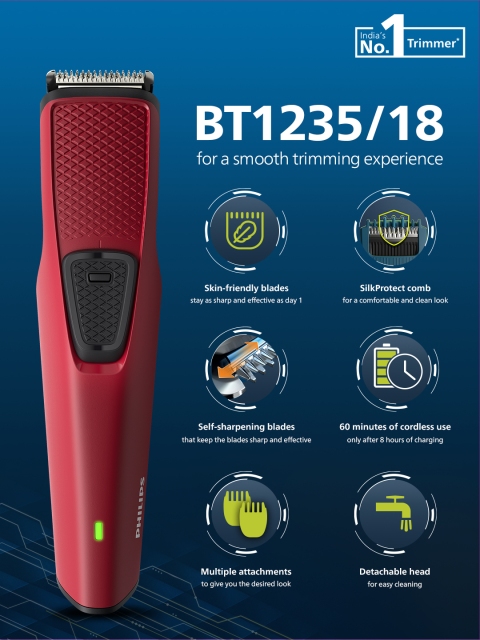 Philips BT1235/18 SkinProtect Cordless Beard Trimmer with Self-Sharpening Blades - Red - Image 2