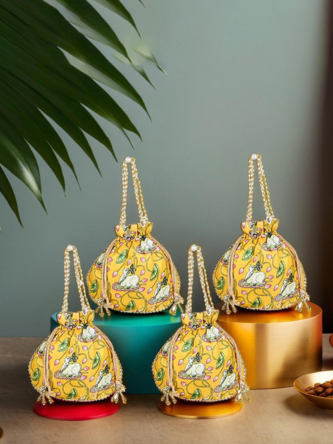 Kuber Industries Unisex Set of 4 Floral Printed Beaded Handle Potli Bags