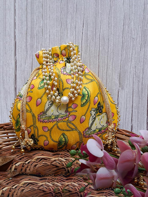 Kuber Industries Unisex Set of 4 Floral Printed Beaded Handle Potli Bags - Image 2