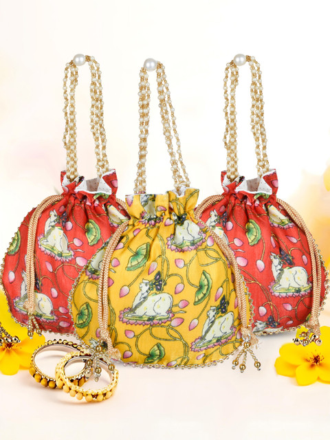Kuber Industries Set of 3 Printed Embellished Potli Clutches