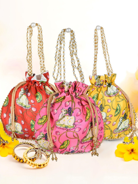 Kuber Industries Pack of 3 Ethnic Motif Printed Party Potli Bags