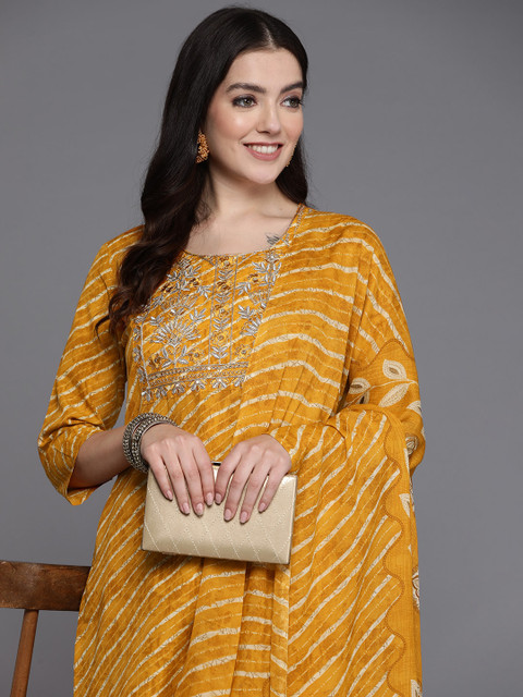 Indo Era Women Floral Yoke Design Regular Pure Cotton Kurta with Trousers & With Dupatta