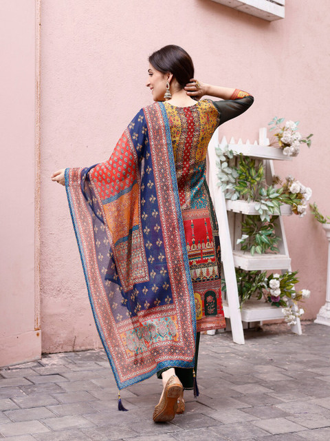 KALINI Round Neck Ethnic Motifs Printed Regular Thread Work Chanderi Silk Kurta Set - Image 5