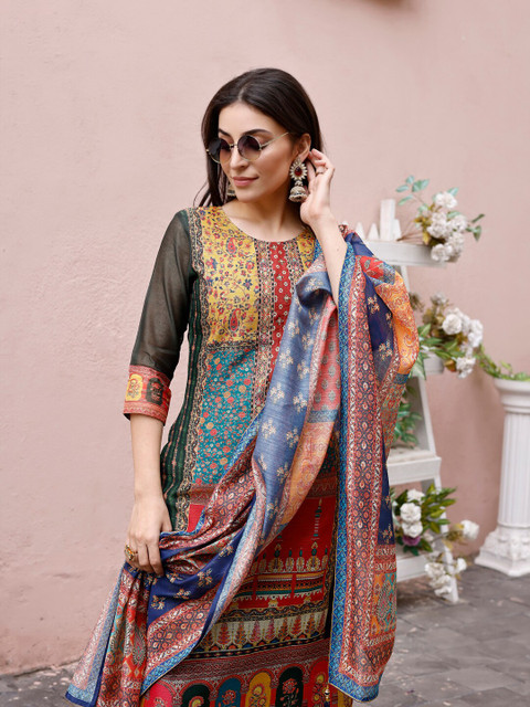 KALINI Round Neck Ethnic Motifs Printed Regular Thread Work Chanderi Silk Kurta Set - Image 2