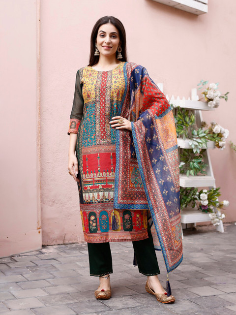 KALINI Round Neck Ethnic Motifs Printed Regular Thread Work Chanderi Silk Kurta Set - Image 6