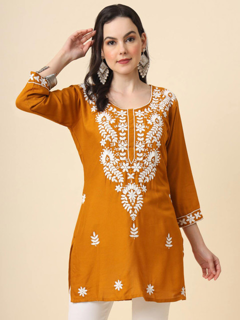HERE&NOW Mustard Yellow & White Ethnic Motifs Embroidered Round Neck Straight Short Kurti