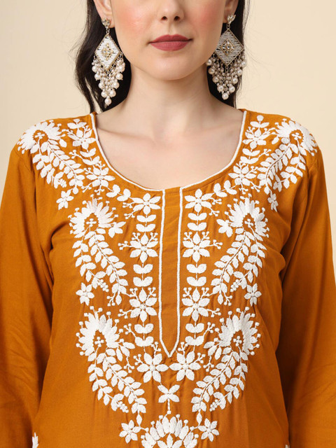 HERE&NOW Mustard Yellow & White Ethnic Motifs Embroidered Round Neck Straight Short Kurti - Image 2