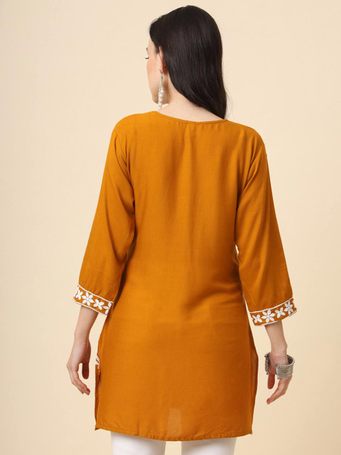 HERE&NOW Mustard Yellow & White Ethnic Motifs Embroidered Round Neck Straight Short Kurti - Image 5