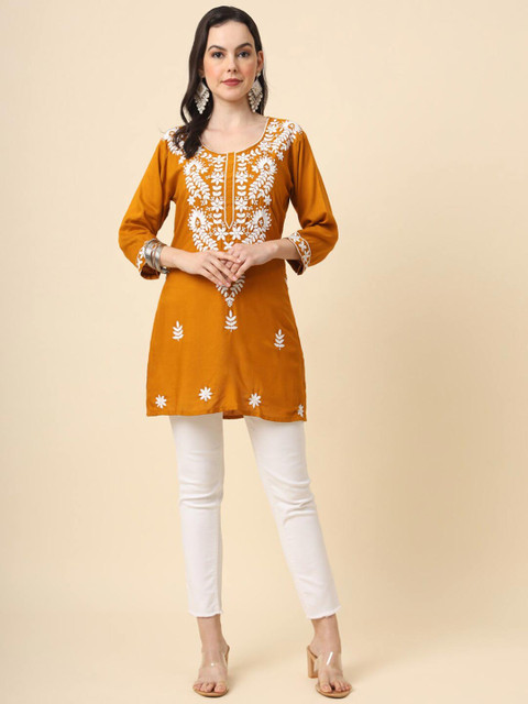 HERE&NOW Mustard Yellow & White Ethnic Motifs Embroidered Round Neck Straight Short Kurti - Image 6