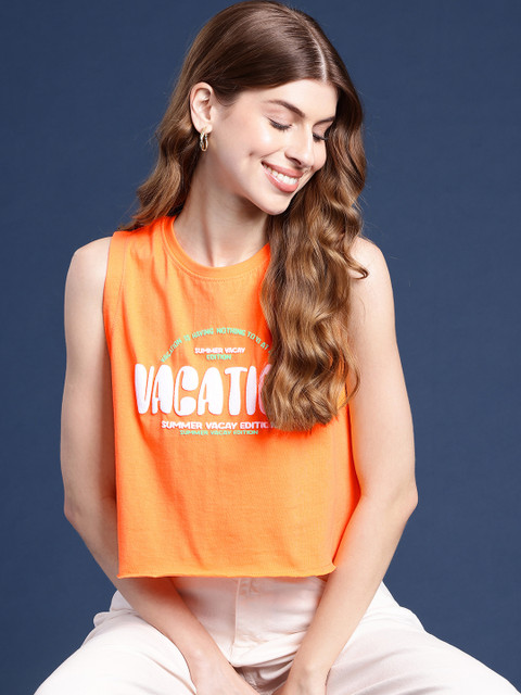 Mast & Harbour Typography Printed Pure Cotton Crop T-shirt