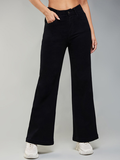 Dolce Crudo Women Black Wide Leg High-Rise Stretchable Jeans