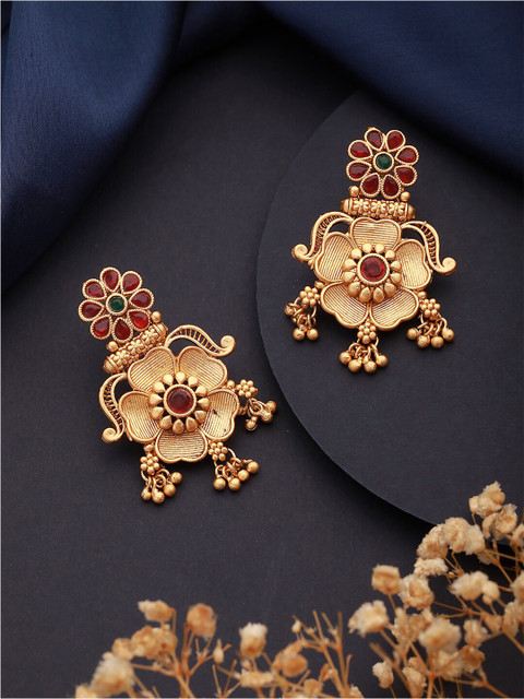 Jazz and Sizzle Gold Plated Stone Studded & Beaded Floral Drop Earrings