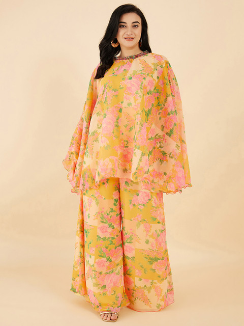 Antheaa Curve Plus Size Floral Printed High Neck Flared Sleeves Knoted Tunic With Palazzos - Image 2