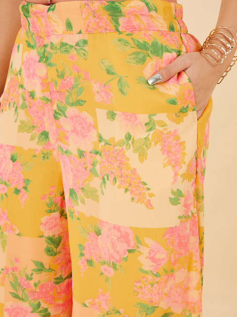 Antheaa Curve Plus Size Floral Printed High Neck Flared Sleeves Knoted Tunic With Palazzos - Image 6