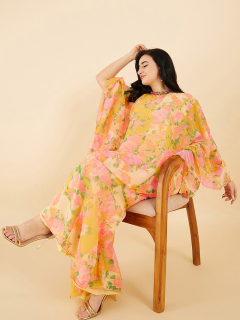 Antheaa Curve Plus Size Floral Printed High Neck Flared Sleeves Knoted Tunic With Palazzos - Image 7