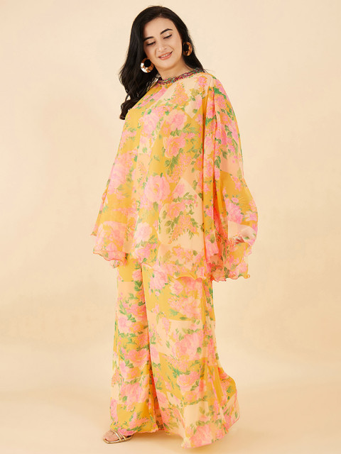 Antheaa Curve Plus Size Floral Printed High Neck Flared Sleeves Knoted Tunic With Palazzos - Image 3