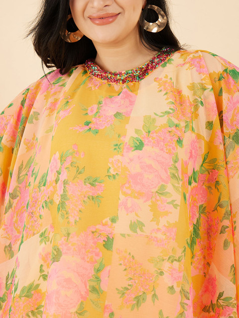 Antheaa Curve Plus Size Floral Printed High Neck Flared Sleeves Knoted Tunic With Palazzos - Image 4
