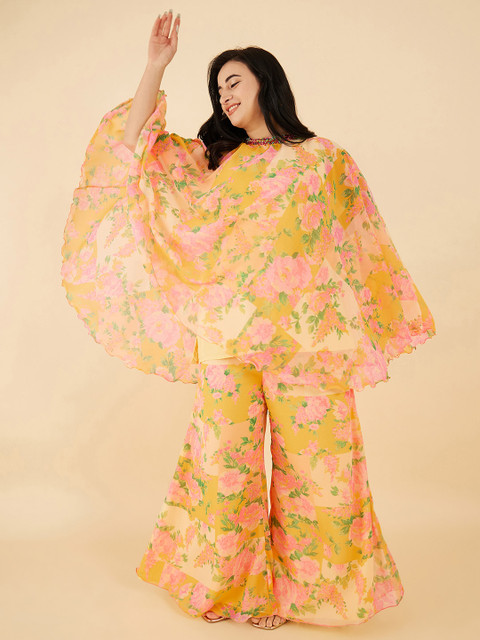 Antheaa Curve Plus Size Floral Printed High Neck Flared Sleeves Knoted Tunic With Palazzos