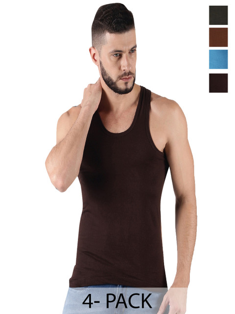 Dollar Lehar Men Combed Cotton Round Neck Vest -Pack of 4- Assorted