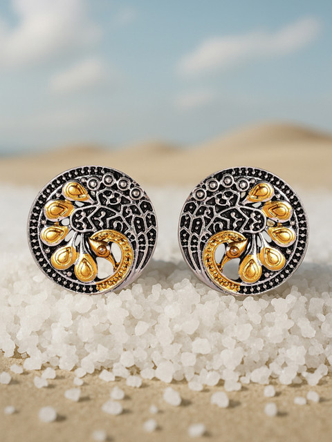 Rubans Oxidised Silver Plated Dual Tone Gold & Silver Peacock Design Circular Stud Earrings