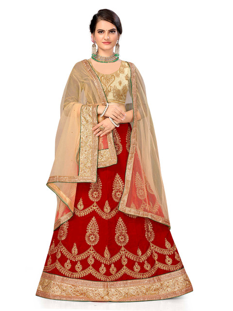 MANVAA Floral Embroidered Velvet Semi-Stitched Lehenga Choli